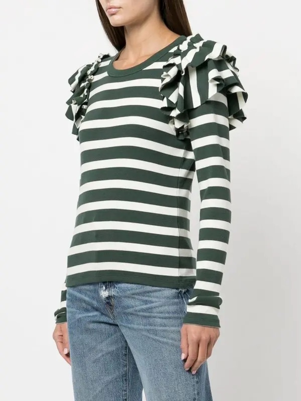 Veronica Beard Jeans Segrist Ruffled Forest Green Ivory Stripe Print Top Large